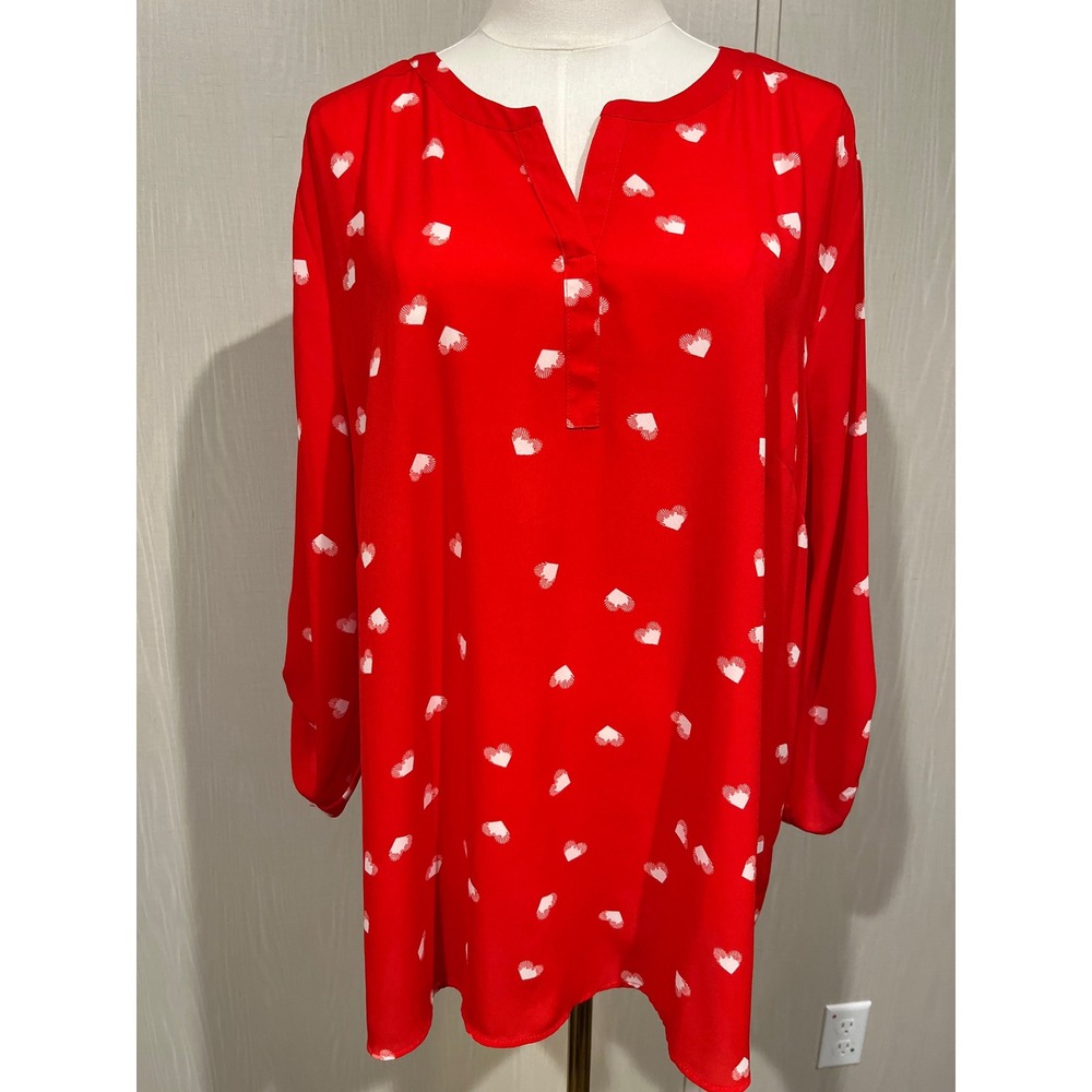 My Danielle Women's Red & White Heart Print V-Neck Tunic Blouse Size 2XL